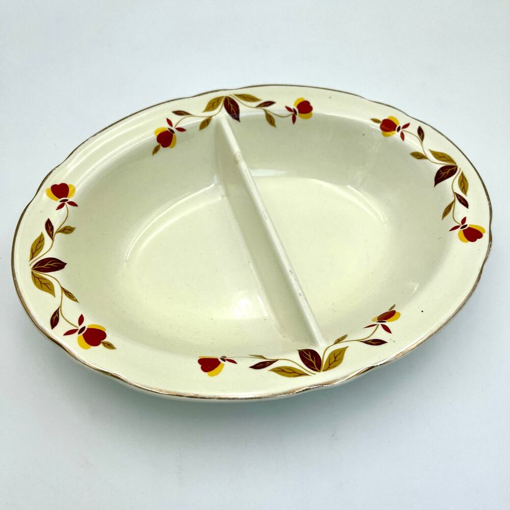 Vintage Hall Superior Autumn Leaf Divided Vegetable Dish Mary Dunbar Jewel Gold